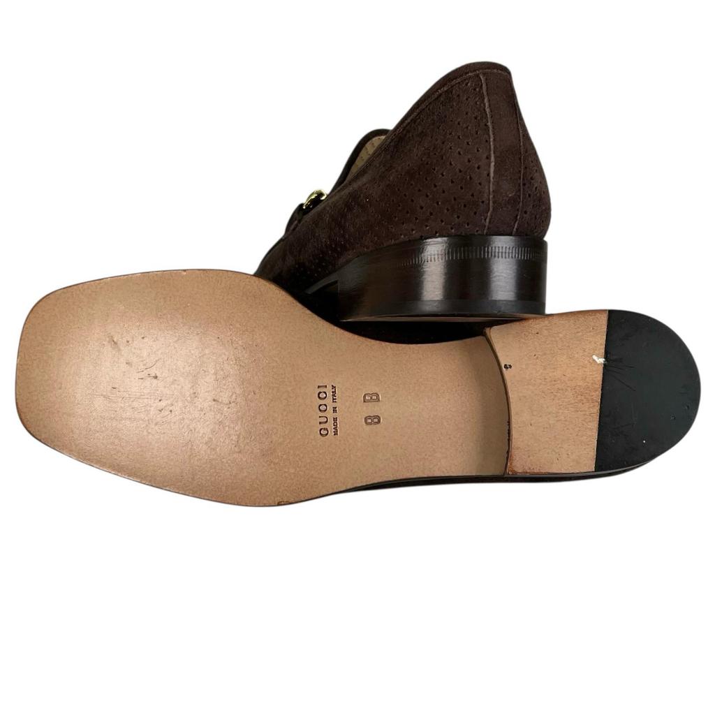 Pristine GUCCI Loafers Horsebit Brown Suede Leather Women 8 100 0442 Used