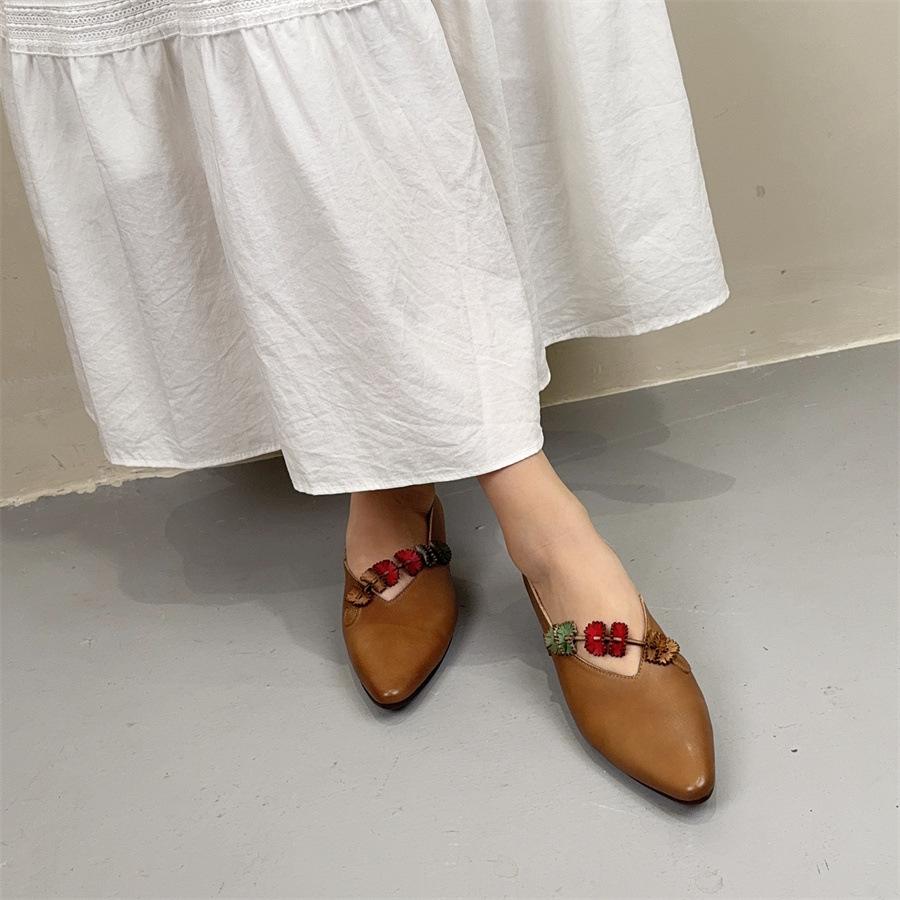Johnature Flower Retro Pointed Toe Shallow Flat Shoes Ethnic Style Genuine Leather Women's Shoes