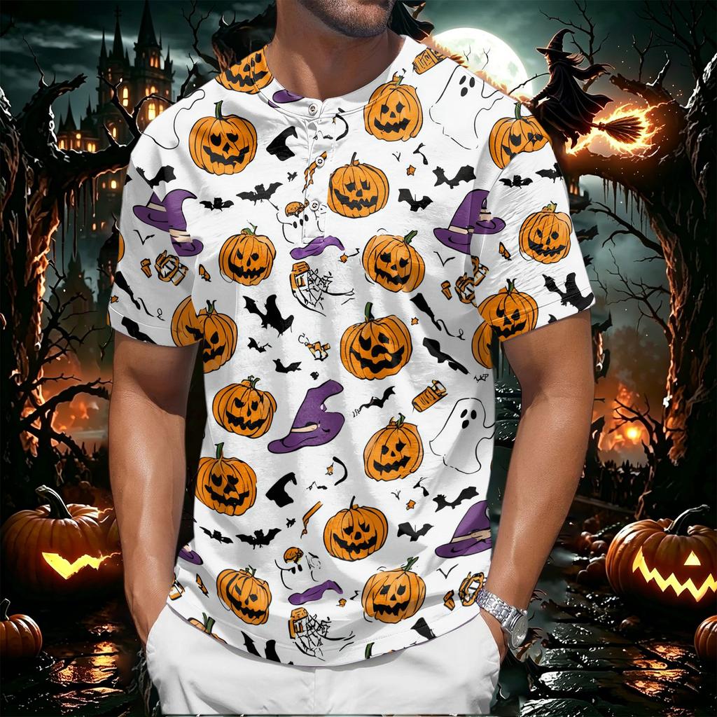 Men's Halloween Print Henley Short Sleeve Shirt Casual Lightweight Breathable Top with Button Front Design for Everyday Wear