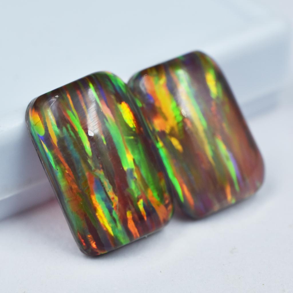 Lab-Created Opal Loose Gemstone Multicolor Cushion Shape 22.80 ct Pair October Birthday Birthstone