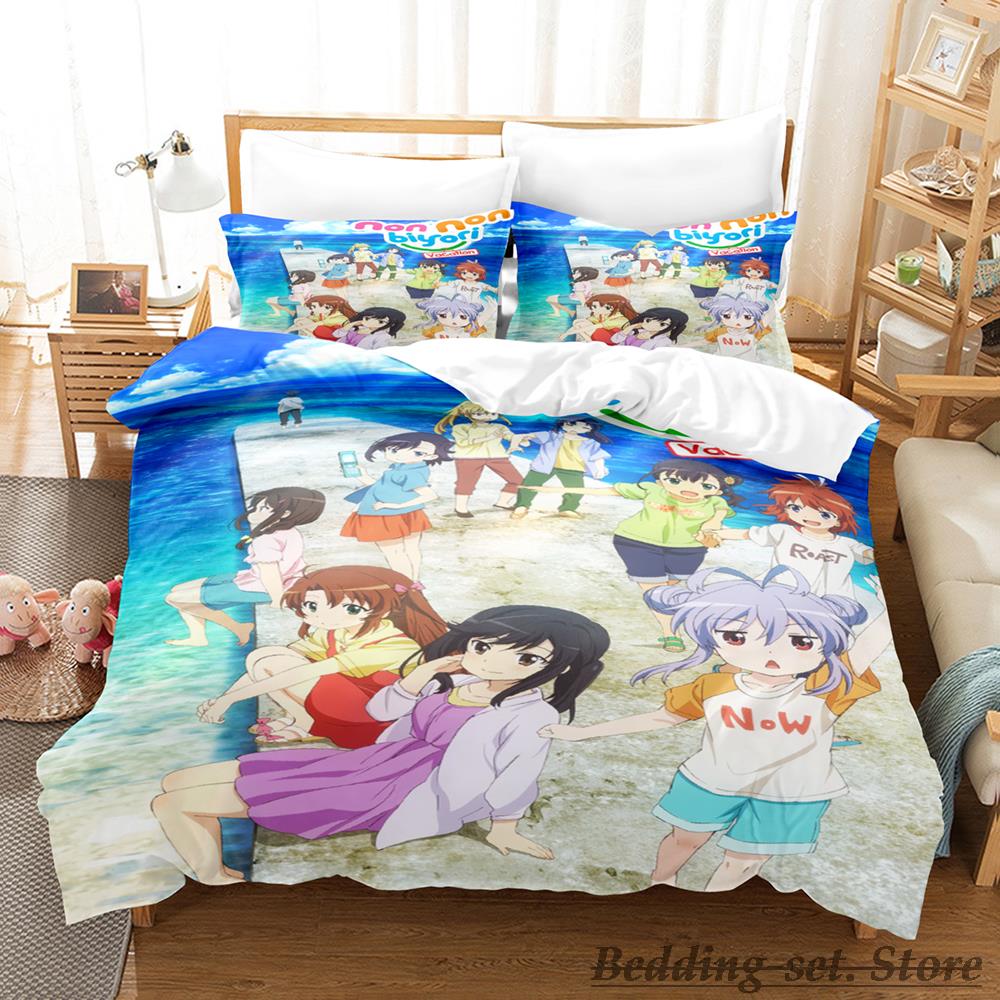 

Non Non Biyori Bedding Set Single Twin Full Queen King Size Bed Set Adult Kid Bedroom Duvetcover Sets Anime Girls EU single(135x200cm)