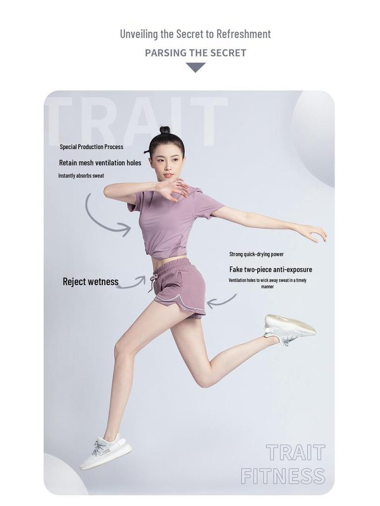 Women's Summer Yoga Outfit: Quick-Drying Short-Sleeve Top, Stretchy Mesh, Fashionable and Lightweight Fitness Wear for Morning Runs.