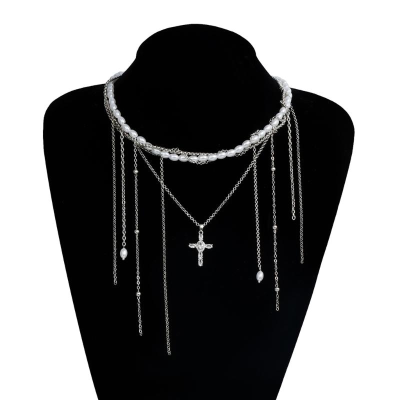 Stylish Faux Pearls Dangle Tassels Necklace Crucifix Pendant Trendy Clavicle Chain Accessory For Casual or Formal Outfits