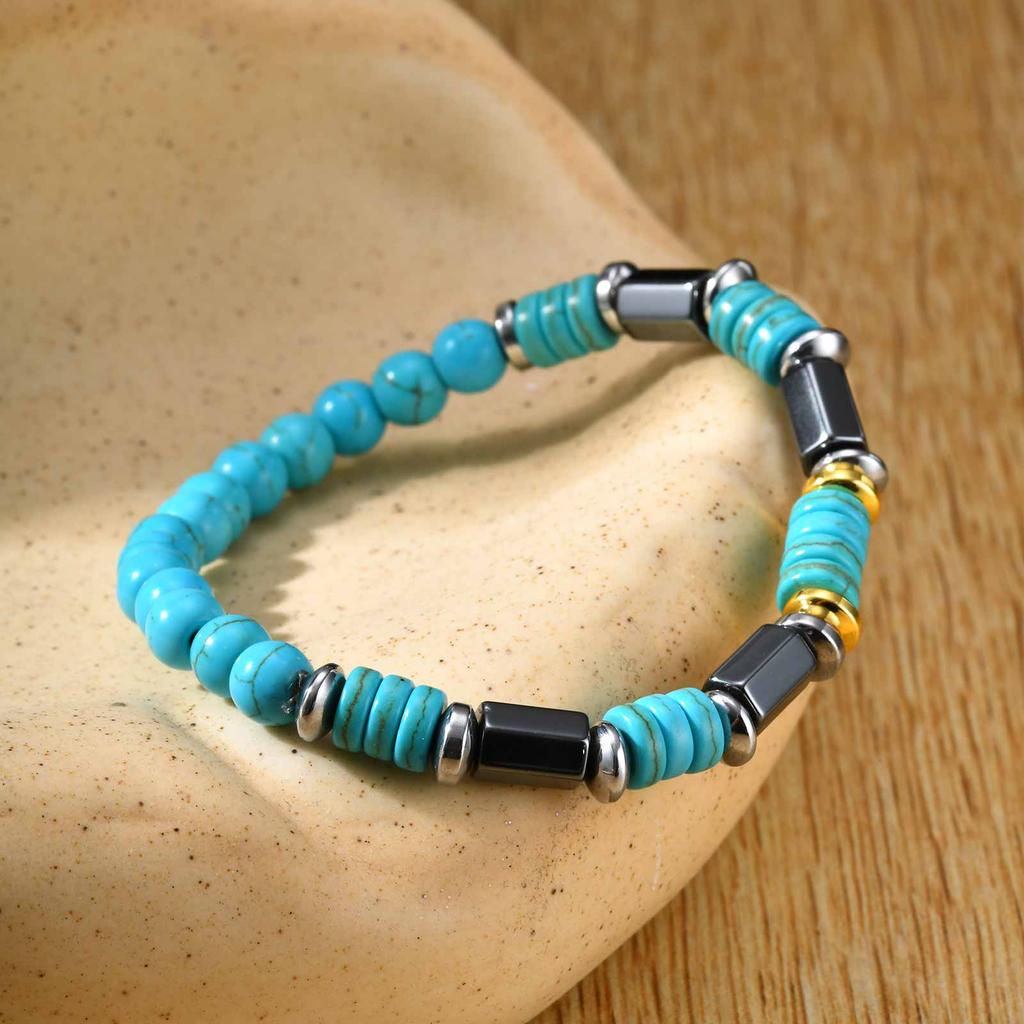 Vnox Retro Imitation Natural Blue Stone Bead Bracelets for Women Men, Elastic String Bracelet Jewelry Trend Bohemian Accessories