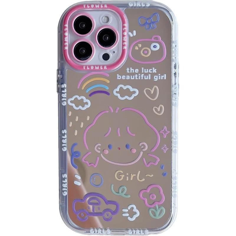 Cute Graffiti Girl Phone Case IPhone 17 16 Pro Max 14 13 Soft Silicone Cover Anti-Slip Shockproof Mirror Finish