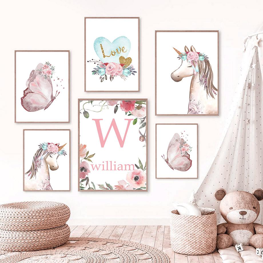 Unicorn Swan Butterfly Rainbow Cloud Flower Posters and Prints Wall Art Print Canvas Painting Pictures Girl Baby Kids Room Decor