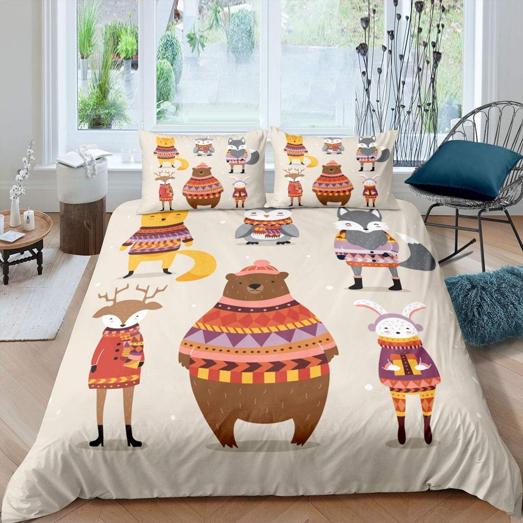 Kids Cartoon Animal Zebra Giraffe Fox Kangaroo King Queen Duvet Cover Boy Girl Rabbit Wildlife Bedding Set Polyester Quilt Cover