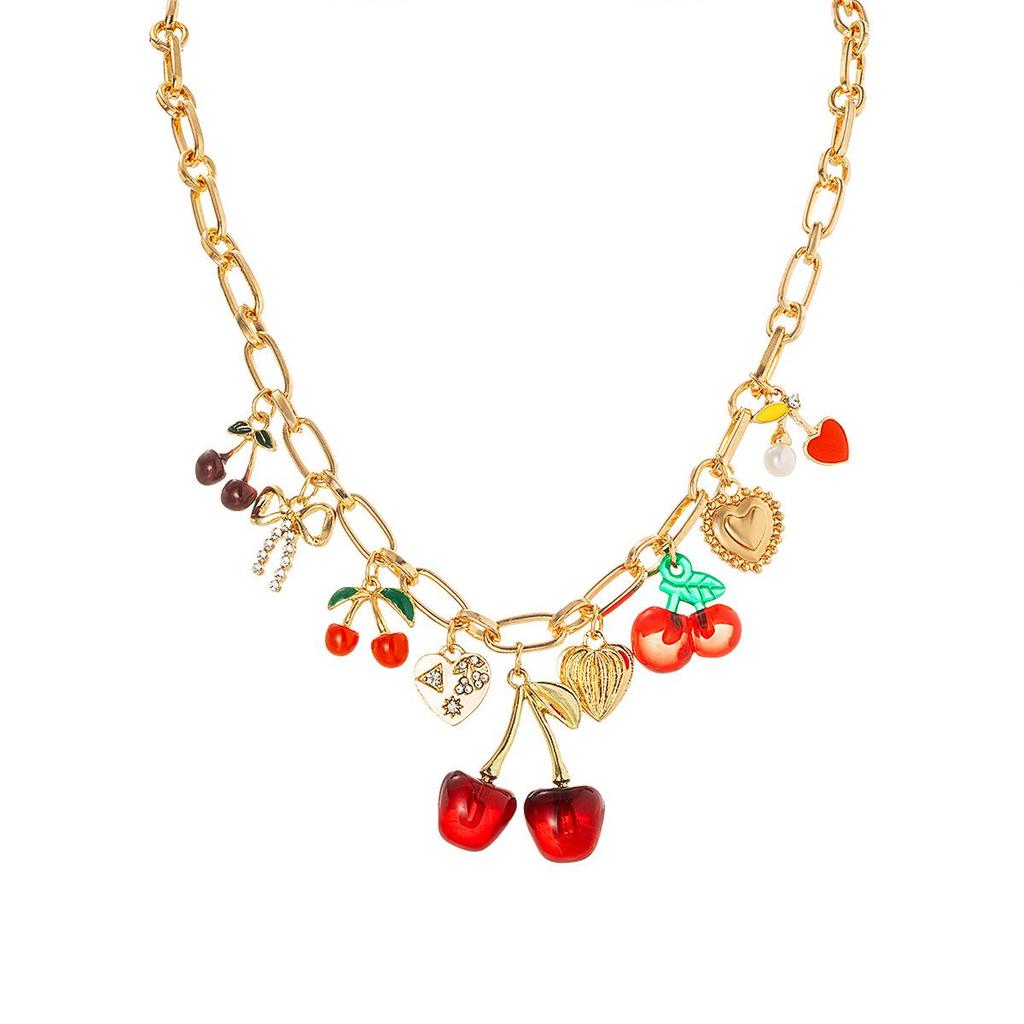 Collana a Catena Paperclip con Ciondolo Cuore e Ciliegia Dolce per Donne