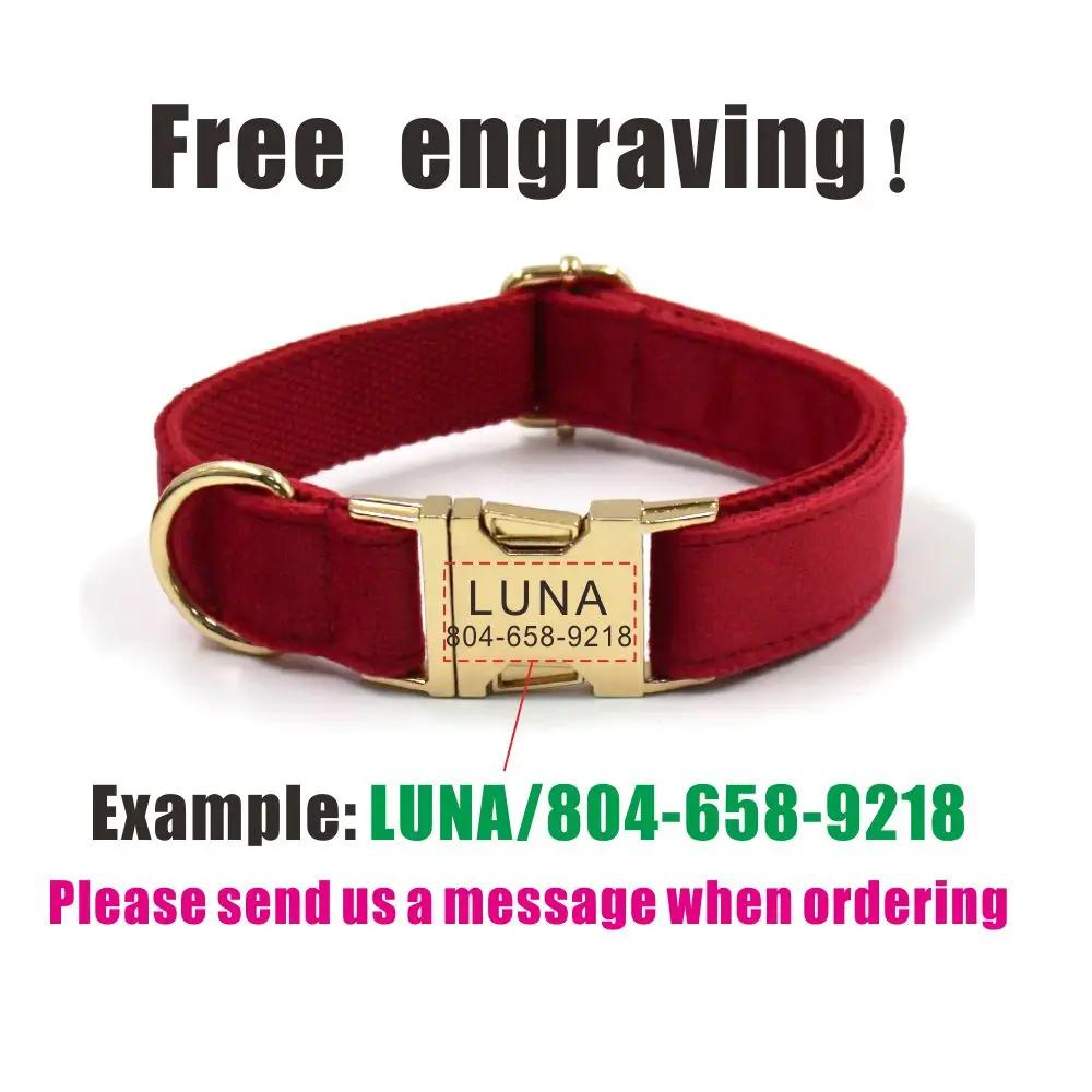 Personalized Dog Collar Custom Pet Collar Free Engraving ID Name Tag Pet Accessory Red Velvet Fiber Puppy Collar Leash