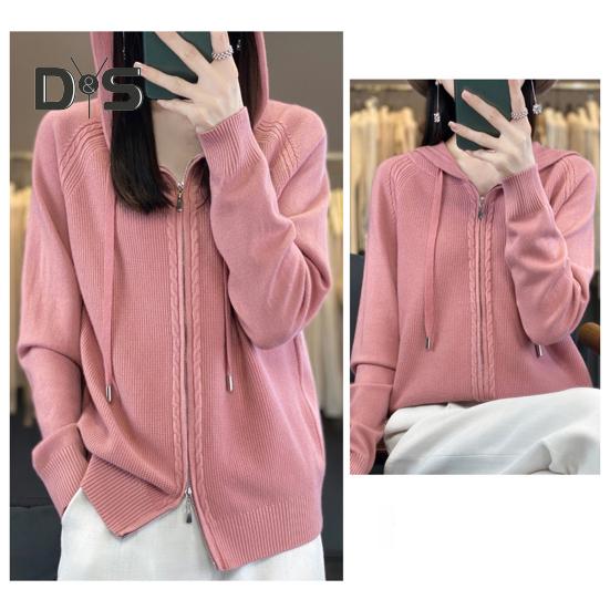 Women Sweater Coat Hooded Drawstring Long Sleeve Double Zippers Knitting Coat Solid Color Loose Fit Jacquard Outwear