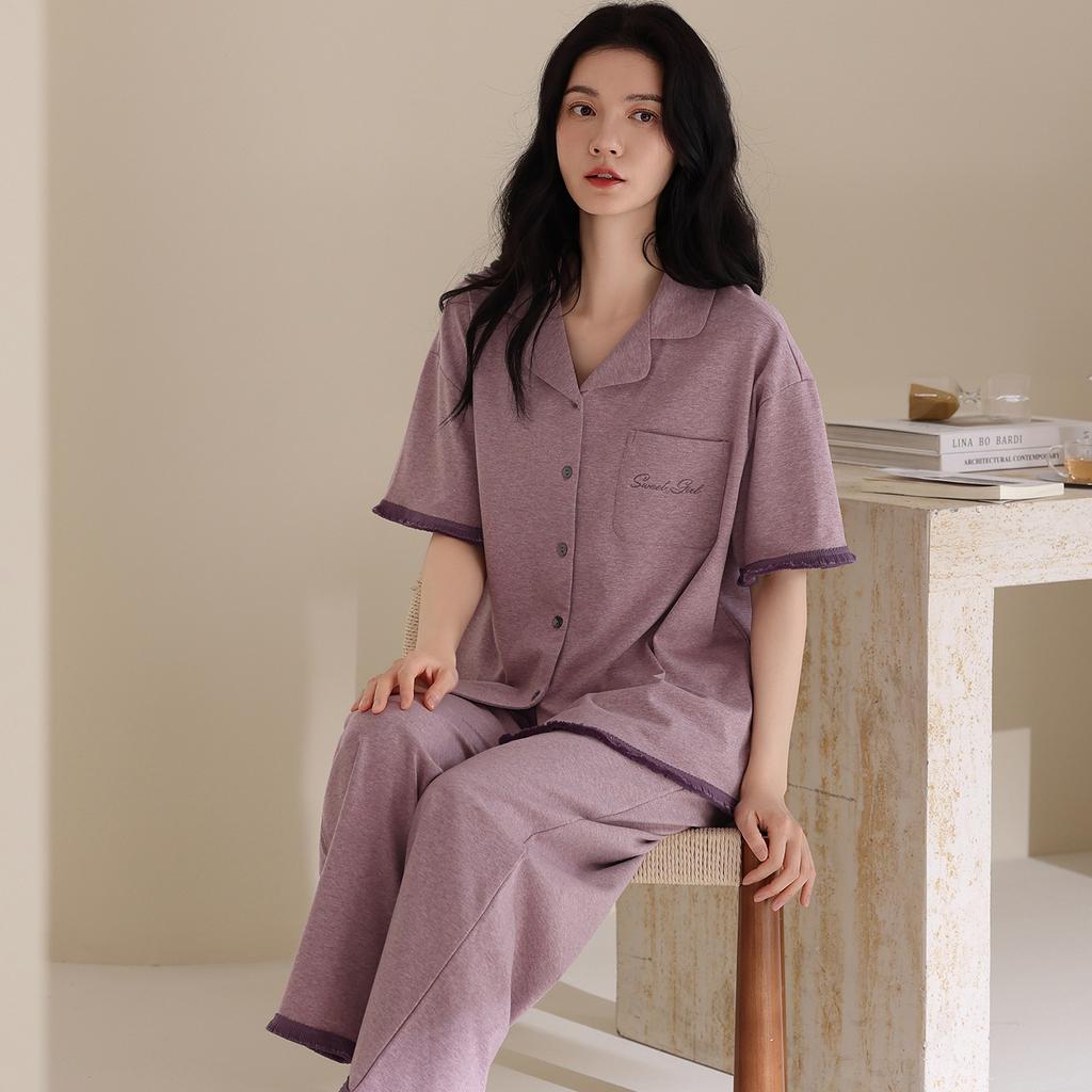 Pure cotton pajamas women's 1011 new summer super soft lapel loose casual can be worn outside loungewear cotton set