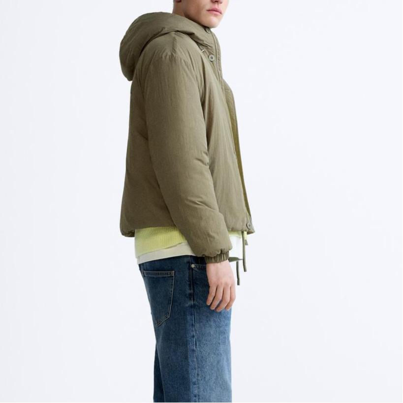 Zara Pánská bavlněná bunda jednobarevná ležérní s kapucí a dlouhým rukávem khaki 6318415-505