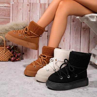 Women's Thick-soled Cross-strap Snow Boots Women Winter Round Toe Flock Plush Warm Mid Heel Water Proof Casual Warm Snow Boots