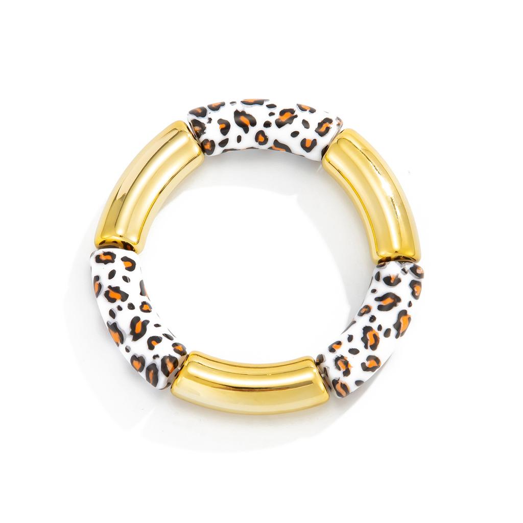 Retro Smudged Resin Bamboo Elastic Bracelet, Fashionable Metal Elbow Leopard Print Bracelet Bracelet.