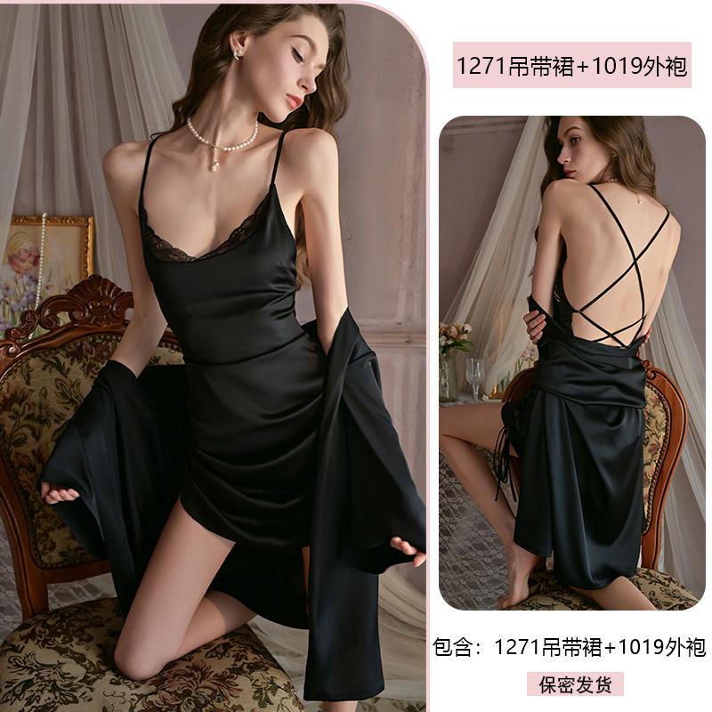 Yiyue sexy suspender lace temptation nightdress satin pleated large size erotic underwear home pure desire pajamas 1111