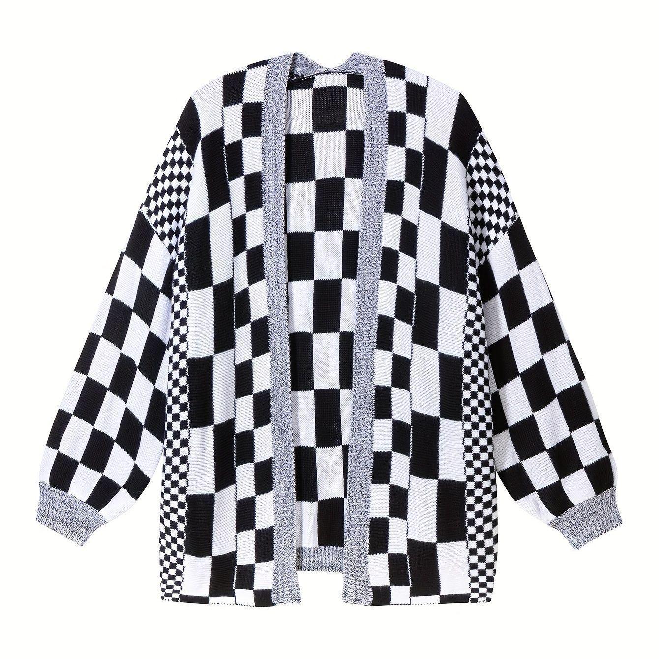 

Vintage Plaid Knitted Cardigan Sweater - Loose-Fit Autumn/Winter Knitwear Top L чорний