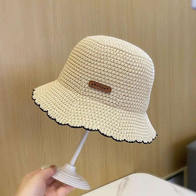 French Wavy Edge Knit Bucket Hat Summer Fashion Breathable Foldable Outdoor Sun Hat