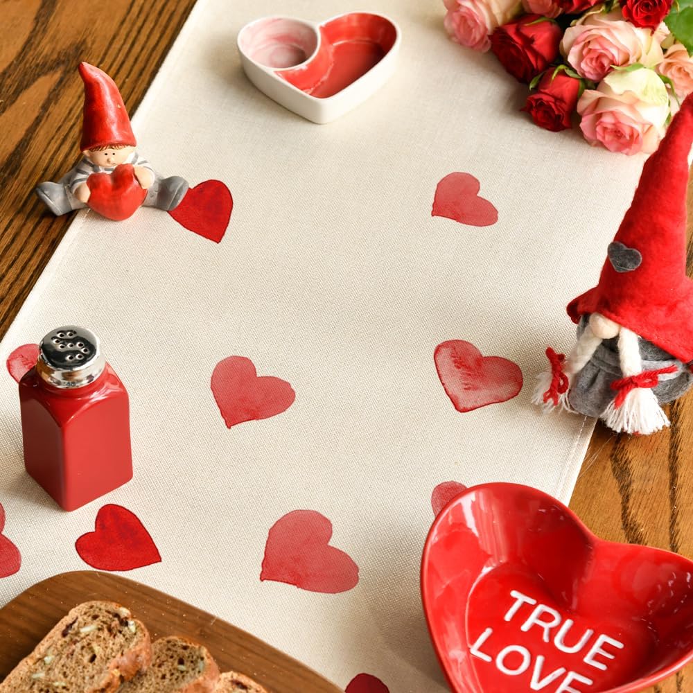 Artoid Mode Red Heart Valentine's Day Table Runner, Seasonal Anniversary Wedding Kitchen Dining Table Decoration for Home Party Decor 13x72 Inch