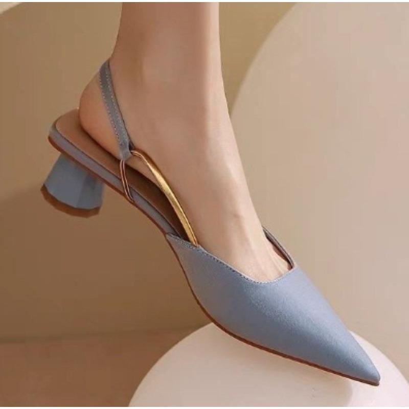 Fashion New Style Fashion Women's French Satin Style Sandals Spring Women Baotou Mid Heel Design Luxury Pointed Versatile Single Shoes