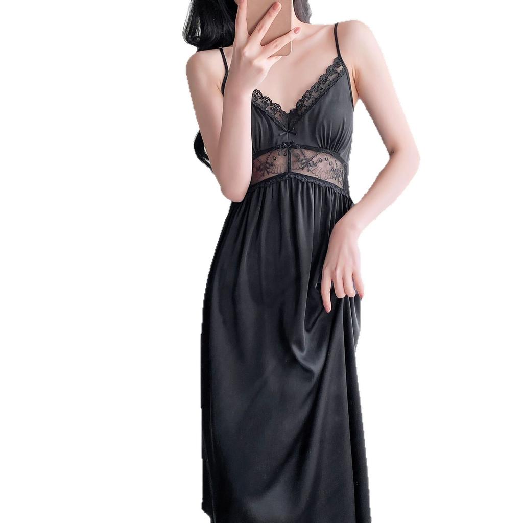 Spring and summer new thin nightgown chest pad suspender sexy two-piece set long ice silk nightgown pajamas temperament loungewear