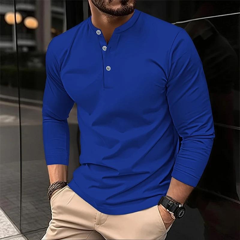 Polyester Fabric Fashionful Casual Outdoor Men's Long Sleeve 3-Button T-Shirt with Solid Color Design Basic Style Comfortable