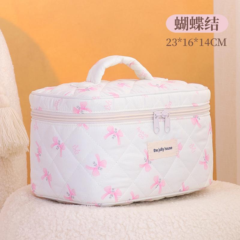 Soft Cute Quilted Cotton Fabric Bow Makeup Bag Ins Style Niche Design Travel Portable Storage