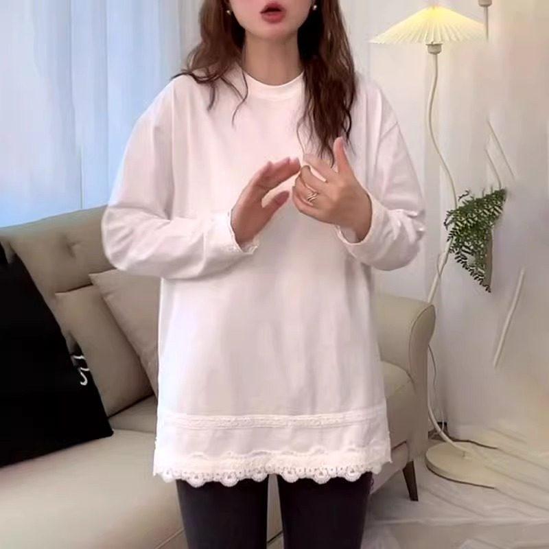 Women's Spring Mid-Length Brushed Long-Sleeve T-Shirt with Stylish Lace Patchwork