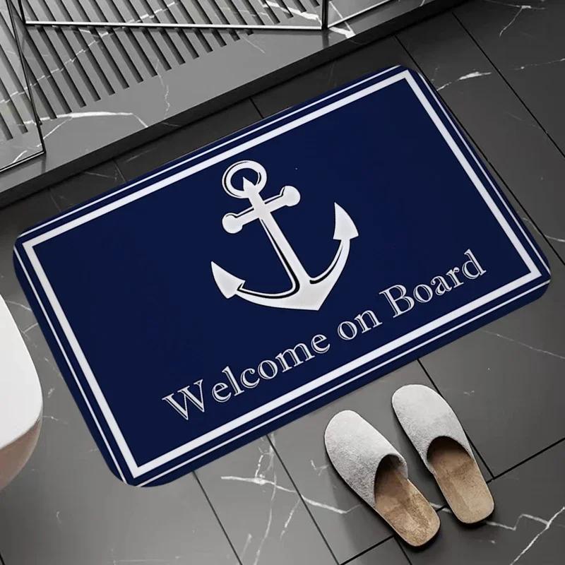 Chic Nautical Anchor Boat Navy Blue Stripes Doormat Bathroom AntiSlip Floor Mat Long Corridor Carpet Custom Rug For Kitchen Bath
