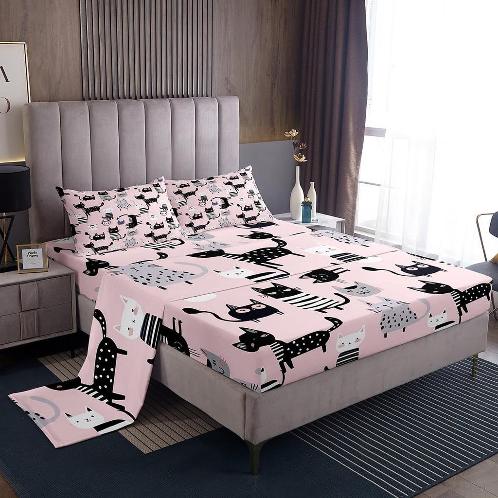 Niedliches Cartoon-Katzenmuster Bettmütze Vierteiliges Bettwäscheset Schlafzimmer Wohnheim Bettwäsche Dekoration