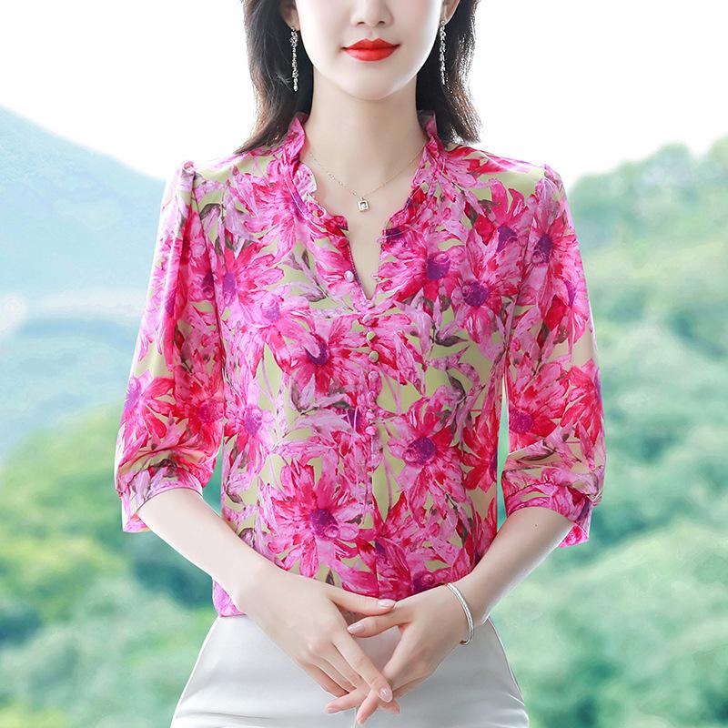 

Цветочная шелковая рубашка для женщин с рукавами три четверти, летняя новая модная шифоновая рубашка для мам со средними рукавами, уменьшающая возраст 4XL розовый