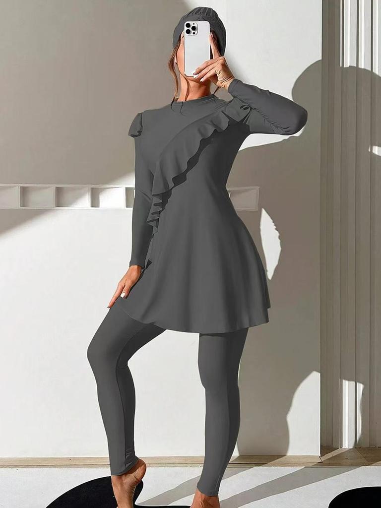 Plus Size Conservative Burkini: Long Sleeve, Swim Skirt & Long Shorts Set