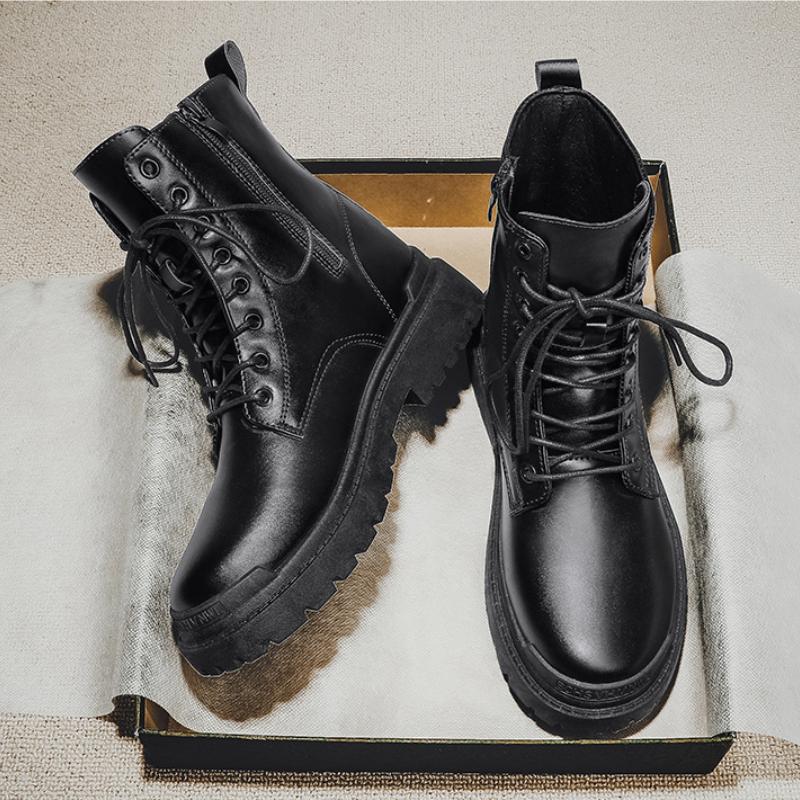 Black Men Leather Boots Classic High Top Platform Lace Up Casual Shoes British Style Big Size Work Durable Chelsea Boots for Men