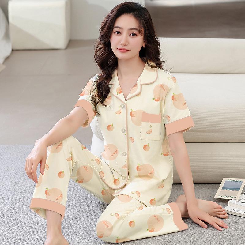 Sweet high-end pajamas women's summer imitation cotton short-sleeved trousers new medium mother large-size loungewear