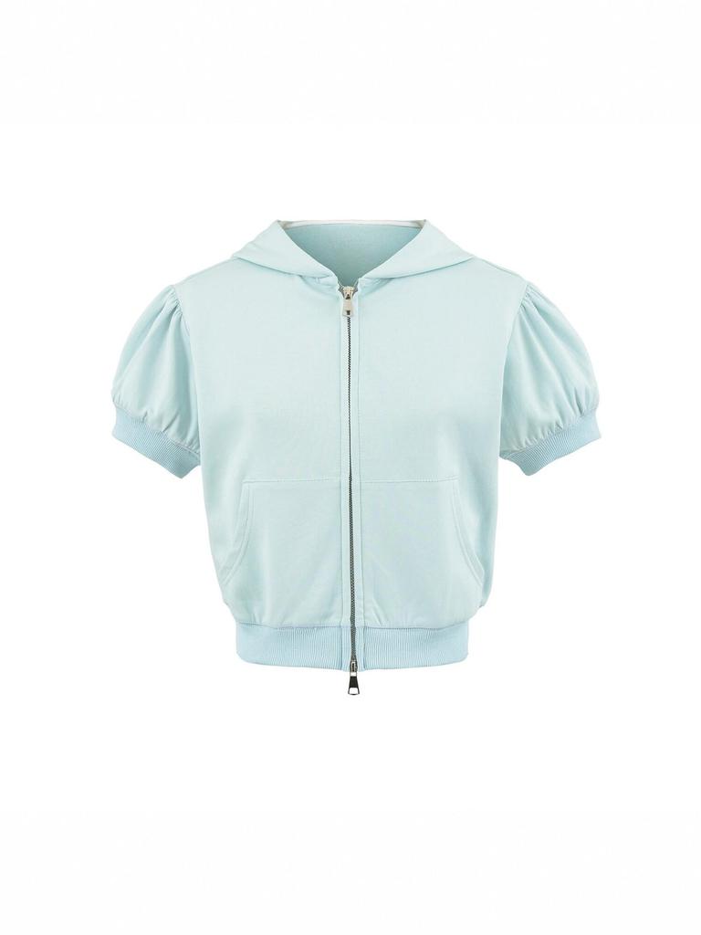 Women's Macaron Color Short-Sleeved Hooded Cardigan with Bubble Sleeves and Thin Sun Protection