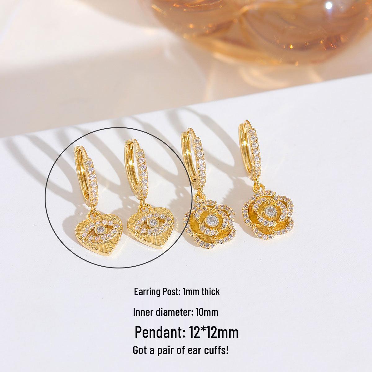 Copper-Plated Gold Camellia Earrings with Diamond Zirconia Backs - Heart-Shaped Elegant European and American Style. Durable Gold Plating, Long-lasting Color