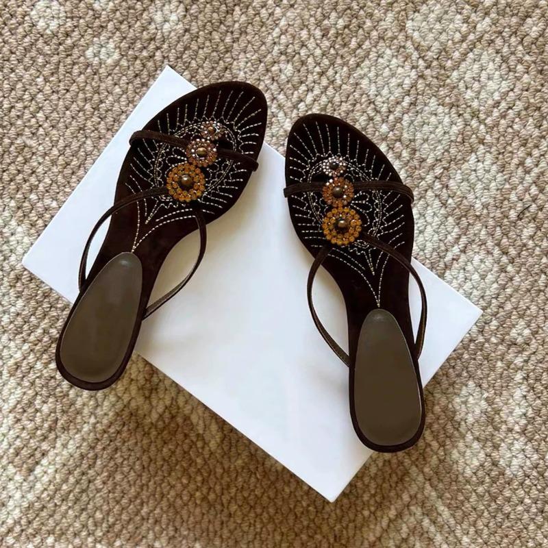 Flip Flops Summer New Round Toe Rhinestone Buckle Soft Sole Non-slip Wear-resistant Low Heel Shoes