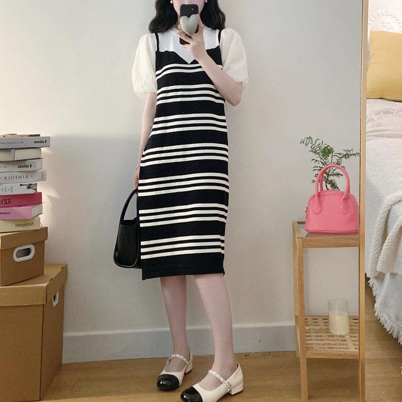 Summer New Fashionable Western Style Fake Two Piece Korean Knitted Short Sleeved Dress with Stripes