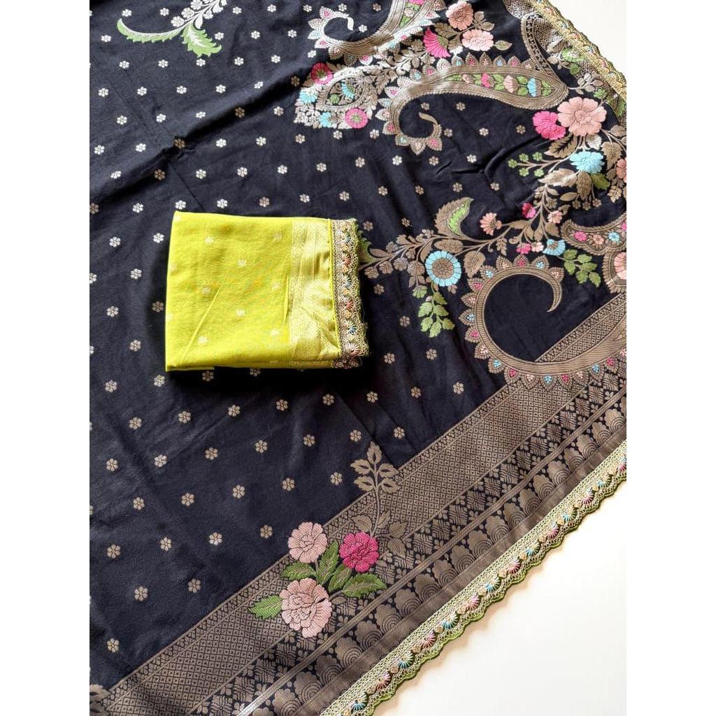 Pure Khaddi Crep Georgette Minakari Petch Work Butta Border With Open Weveing Rich Rich Pallu Saree With Running Blouse Piece