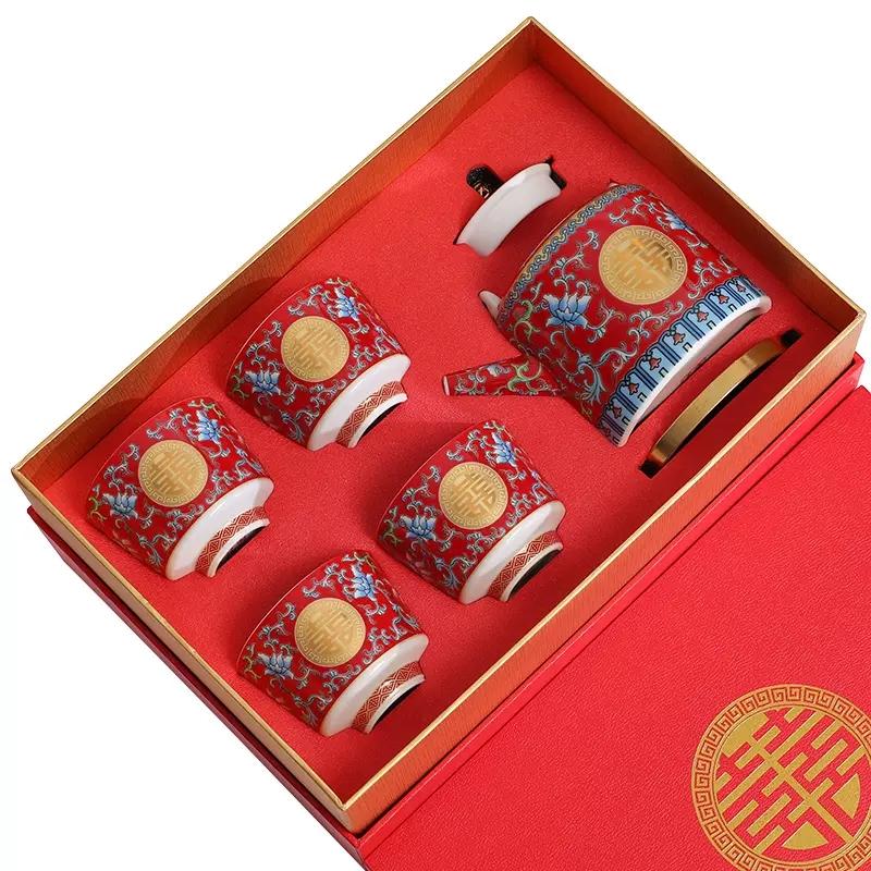 Enamel Colored Tea Cup Set, Tea Pot Set, Wedding Celebration Tea Joy Tea Cup, Creative High Grade Hand Gift