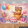Capybara Birthday Party Banner Backdrop, Capybara with Flower Wreath and Balloons, Streamer Horns, Photo Background, Cake Table Decor