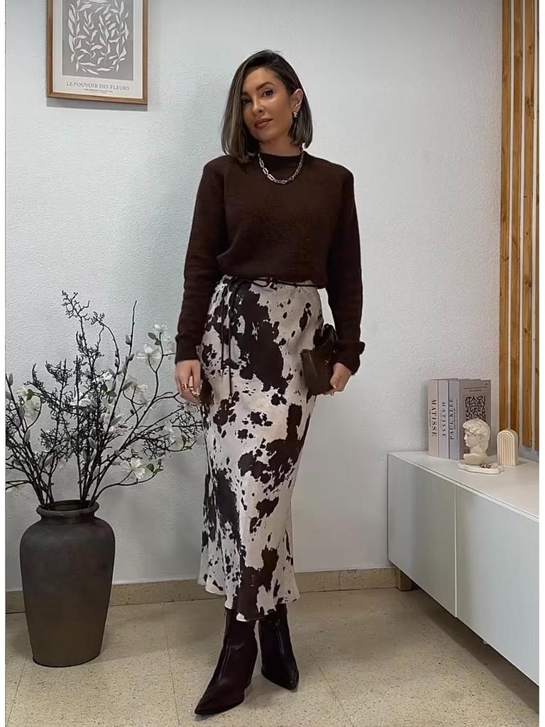 Damen-Set aus lockerem Hemd und Rock mit Gürtel im Animal-Print - Frühling 2025, Europäischer & Amerikanischer Stil, Seidentextur