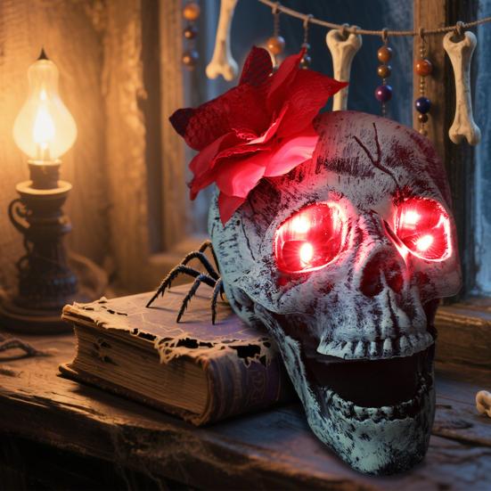 Halloween Skull Statue with Flower Plastic Small Size Human Head Bone Sculpture Collectible Skeleton Figurine for Indoor Outdoor Decor
