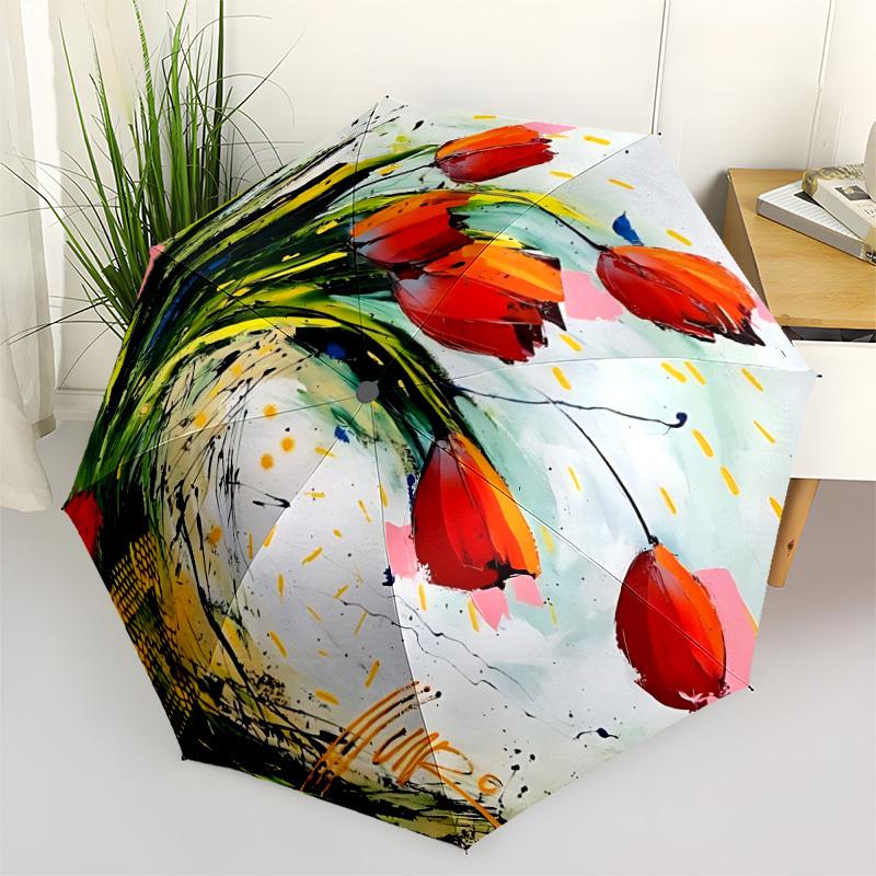 1pc Floral Abstract Automatic Folding Umbrella, Sturdy And Durable Automatic Folding Umbrella with 8 Ribs, Convenient for Outdoor Use194