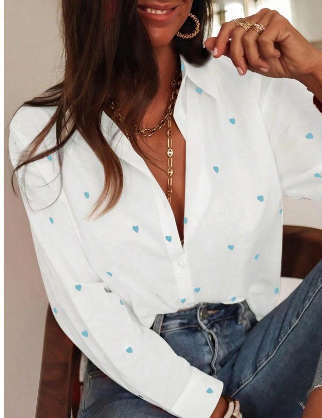 Women Long Sleeve Turn Down Collar Shirt Heart Print Loose Casual Blouse Elegant Office Daily Shirt European American Fashion Tops Factory Source