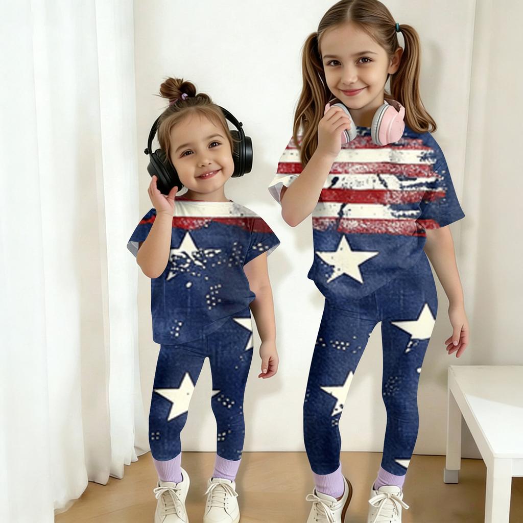Boys And Girls Independence Day Print Set Kids Casual Short Sleeve Top And Long Pants Set