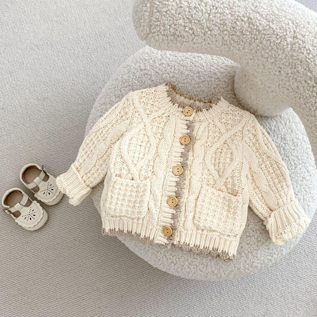 Baumwollstrickjacke mit Farbblock-Besatz für Babys und Kleinkinder – Unisex-Rundhalsausschnitt