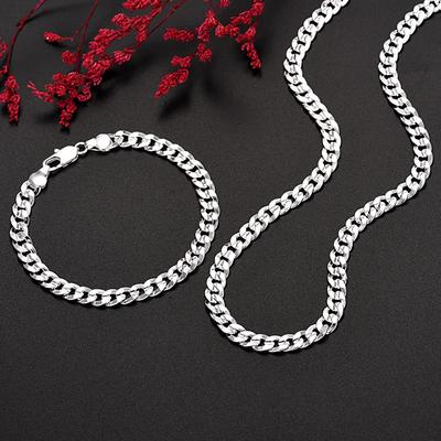 High Quality 925 Silver Charm 7MM Chain Bracelets Necklaces Jewelry Set for Man Women Fashion Party Wedding Gifts