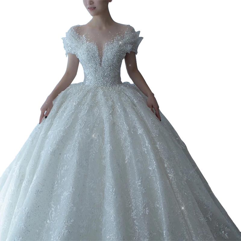 2025 French Luxury Wedding Dress for Petite Pregnant Bride - Princess Style with Train and Heavy Embroidery (D102)