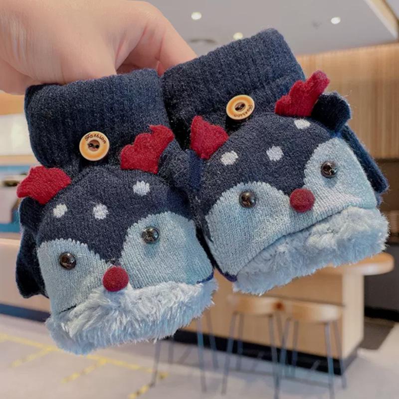 

Kids Warm Fleece-Lined Reindeer Flip-Top Gloves for Christmas & New Year One Size темно-синий