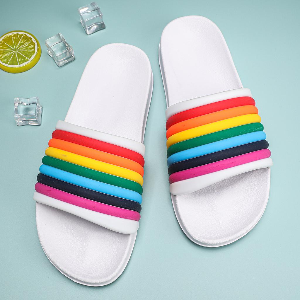 Women Rainbow Thick Sole Summer Beach Slides Bathroom Anti-Slip Slipper Soft Sandals Fashion Flip-Flops Ultra-Light Letter Shoe